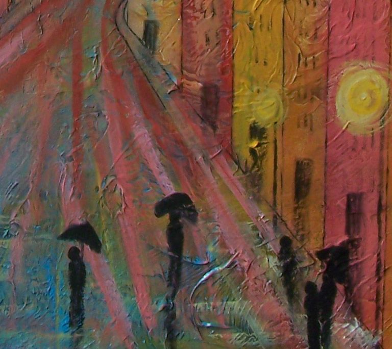 Urban art cityscape original painting bright colors fine art 22"x22" by contemporary artist Monica Fallini Urban art cityscape original painting bright colors fine art 22"x22" by contemporary artist Monica Fallini
