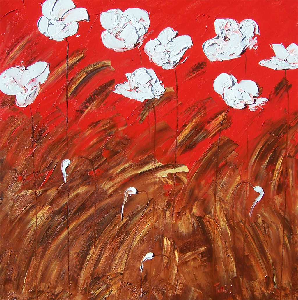 Floral modern art vibrant texture and colors white Poppies painting by contemporary artist Monica Fallini Floral modern art vibrant texture and colors white Poppies painting by contemporary artist Monica Fallini