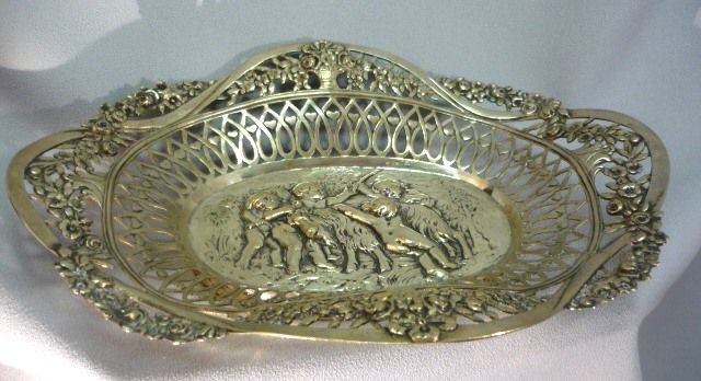 Antique Pierced 800 German Silver Repousse Bowl W Cherubs & Goat Antique Pierced 800 German Silver Repousse Bowl W Cherubs & Goat