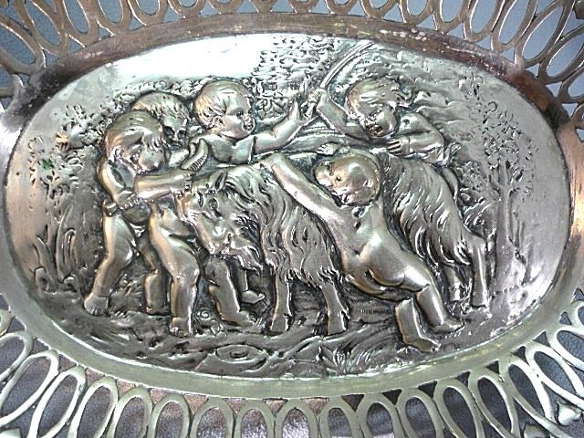 Antique Pierced 800 German Silver Repousse Bowl W Cherubs & Goat Antique Pierced 800 German Silver Repousse Bowl W Cherubs & Goat