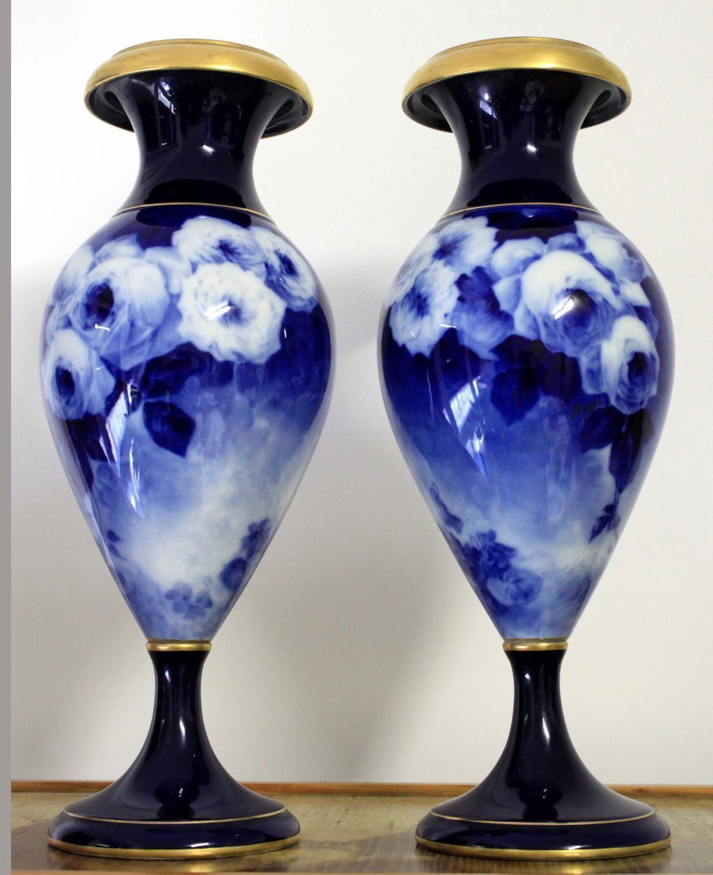 20.5" Huge pair of Limoges cobalt blue vase with the roses, artist signed "Fèvre", bolted base, burnished gold rim, 1920s-1930s 20.5" Huge pair of Limoges cobalt blue vase with the roses, artist signed "Fèvre", bolted base, burnished gold rim, 1920s-1930s