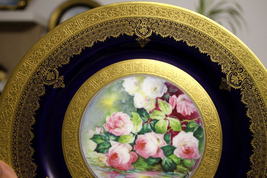 Limoges Hand painted With Roses, Gold Encrusted Raised Gilt Cobalt Blue charger, artist signed "Leroussaud", 1930s Limoges Hand painted With Roses, Gold Encrusted Raised Gilt Cobalt Blue charger, artist signed "Leroussaud", 1930s