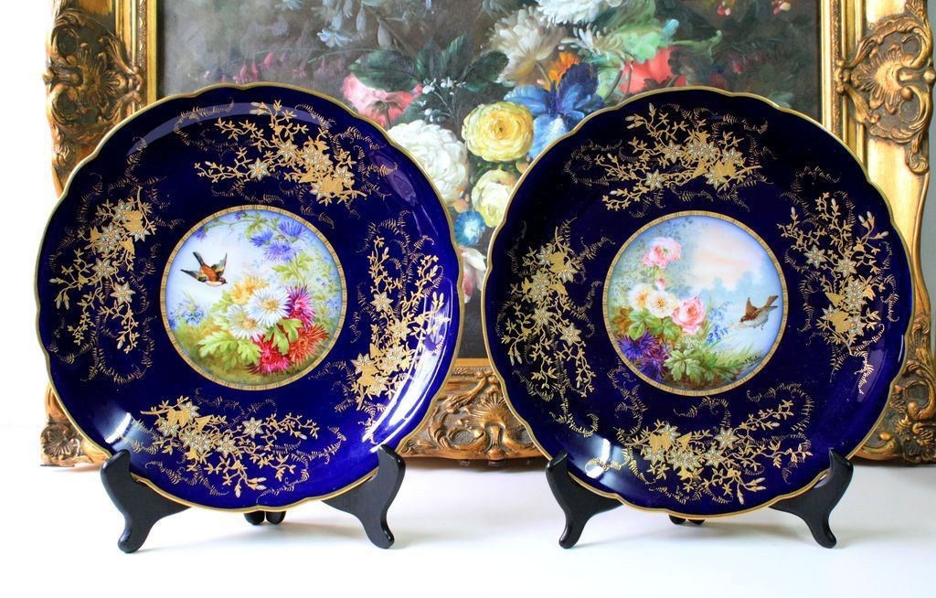 Rare pair of hand painted Limoges chargers/ plates, Gold Encrusted from