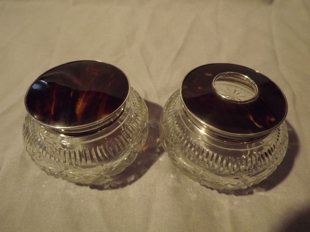 PAIR: English sterling silver & tortoise shell and cut crystal glass jar. PAIR: English sterling silver & tortoise shell and cut crystal glass jar.