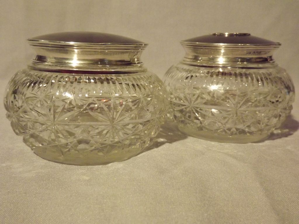 PAIR: English sterling silver & tortoise shell and cut crystal glass jar. PAIR: English sterling silver & tortoise shell and cut crystal glass jar.