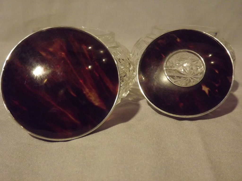 PAIR: English sterling silver & tortoise shell and cut crystal glass jar. PAIR: English sterling silver & tortoise shell and cut crystal glass jar.