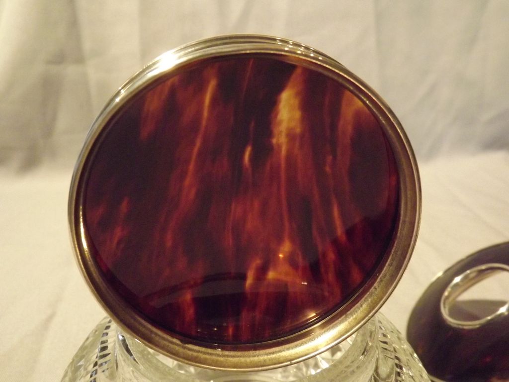 PAIR: English sterling silver & tortoise shell and cut crystal glass jar. PAIR: English sterling silver & tortoise shell and cut crystal glass jar.