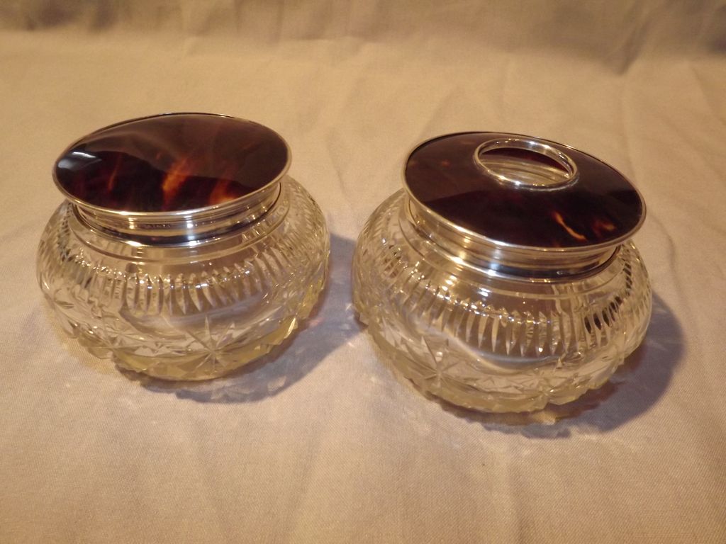 PAIR: English sterling silver & tortoise shell and cut crystal glass jar. PAIR: English sterling silver & tortoise shell and cut crystal glass jar.