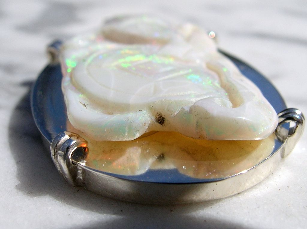 Estate Vintage Sterling Large Natural Carved Opal Elephant Pendant Estate Vintage Sterling Large Natural Carved Opal Elephant Pendant