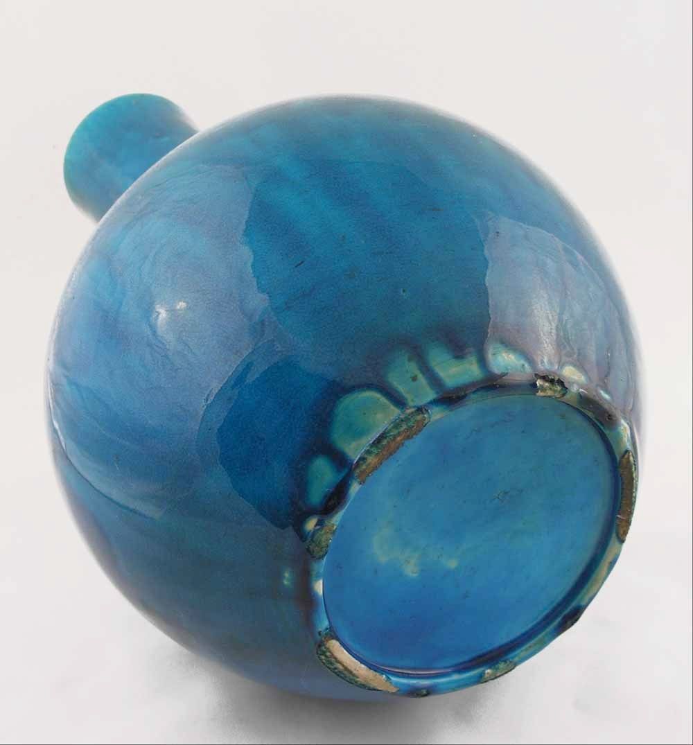 Large 14.5" Tall Awaji Japanese Turquoise Monochrome Glazed Ceramic Vase on Teak Stand - c. 1900's, Japan Large 14.5" Tall Awaji Japanese Turquoise Monochrome Glazed Ceramic Vase on Teak Stand - c. 1900's, Japan