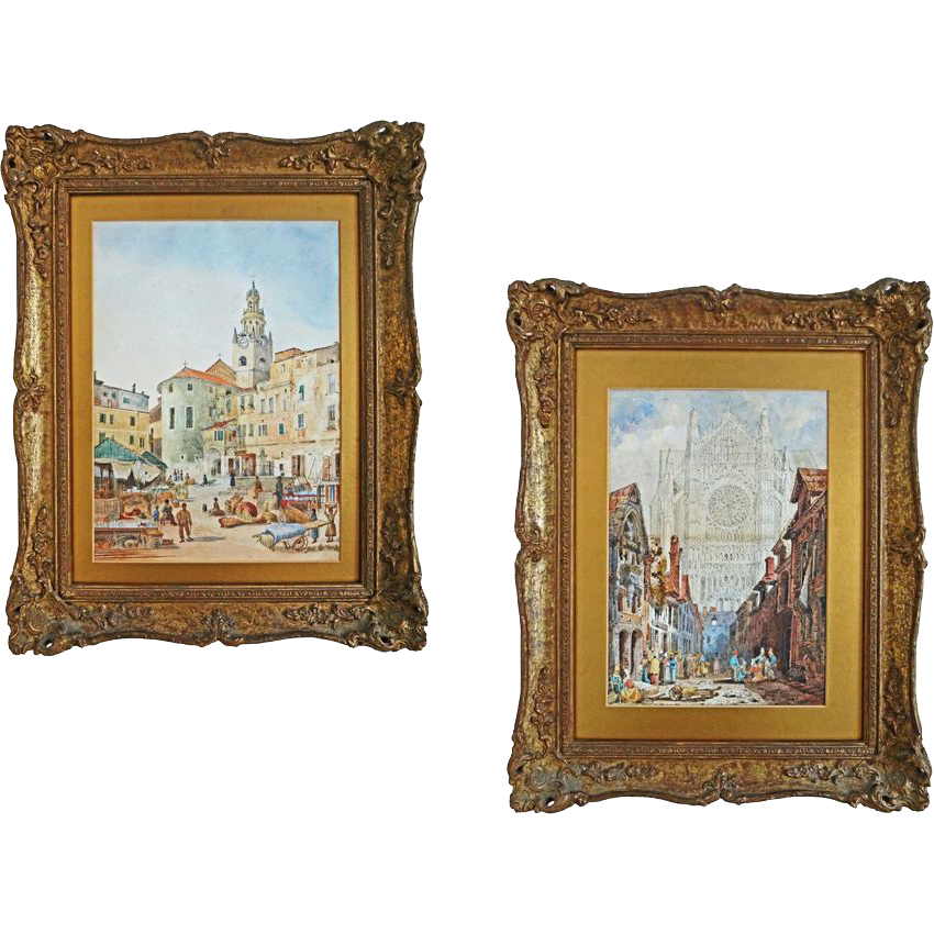 Pair of Watercolors of Italian Towns signed Jas. Holland - c. 19th Century, England Pair of Watercolors of Italian Towns signed Jas. Holland - c. 19th Century, England