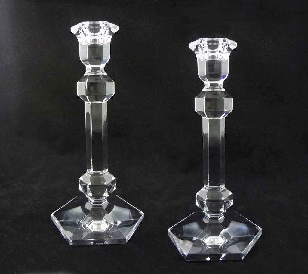 Pair Signed Val St. Lambert Crystal Candlesticks - 20th Century, Belgium Pair Signed Val St. Lambert Crystal Candlesticks - 20th Century, Belgium