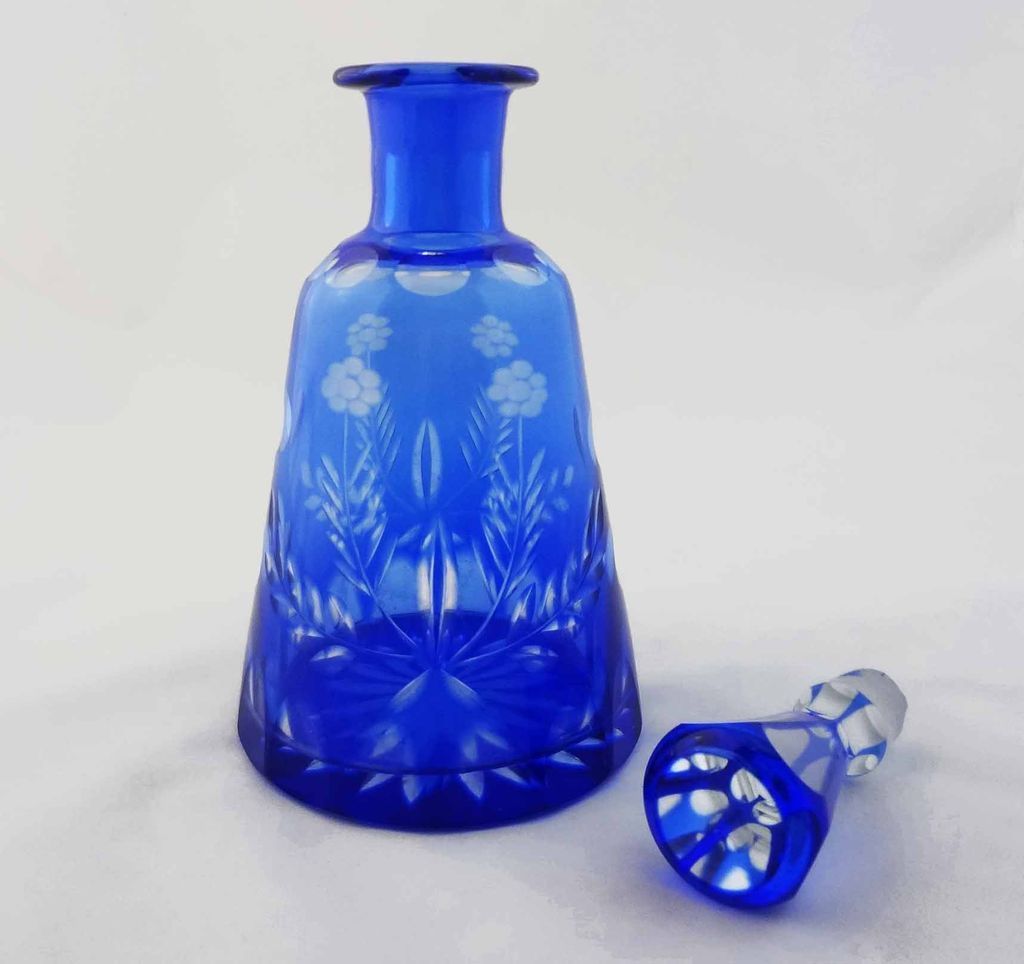 Cobalt Blue and Clear Bohemian Cut Crystal Cordial Decanter and Six Marching Glasses Set - c. 20th Century, Bohemia Cobalt Blue and Clear Bohemian Cut Crystal Cordial Decanter and Six Marching Glasses Set - c. 20th Century, Bohemia