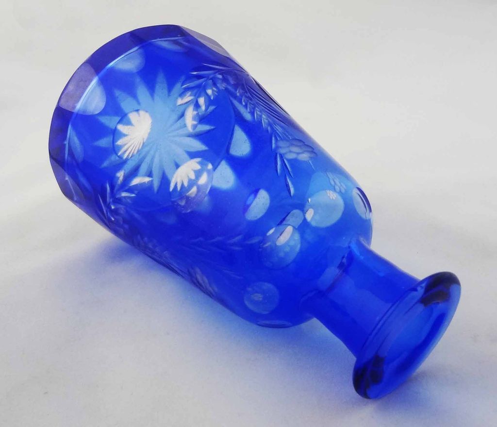 Cobalt Blue and Clear Bohemian Cut Crystal Cordial Decanter and Six Marching Glasses Set - c. 20th Century, Bohemia Cobalt Blue and Clear Bohemian Cut Crystal Cordial Decanter and Six Marching Glasses Set - c. 20th Century, Bohemia