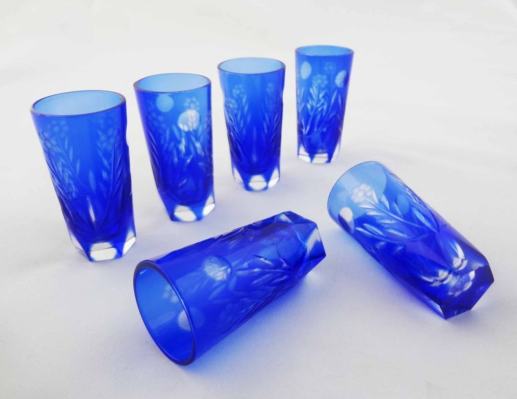 Cobalt Blue and Clear Bohemian Cut Crystal Cordial Decanter and Six Marching Glasses Set - c. 20th Century, Bohemia Cobalt Blue and Clear Bohemian Cut Crystal Cordial Decanter and Six Marching Glasses Set - c. 20th Century, Bohemia