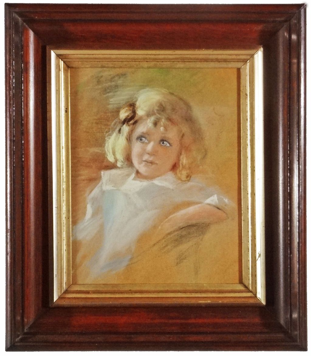 Pastel Drawing Portrait Little Girl in Deep Walnut Antique Frame - 19th/20th Century, USA Pastel Drawing Portrait Little Girl in Deep Walnut Antique Frame - 19th/20th Century, USA