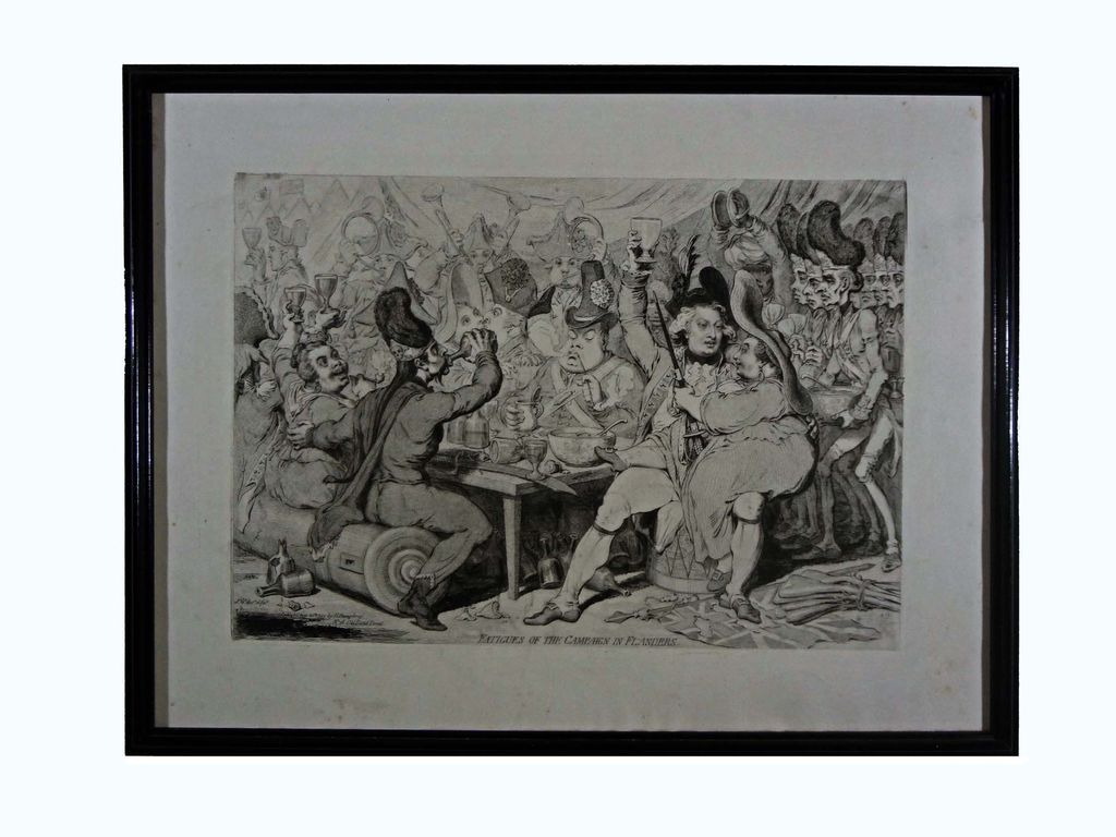 British Cartoon Engraving "Fatigues of the Campaign in Flanders"after James Gilray British Cartoon Engraving "Fatigues of the Campaign in Flanders"after James Gilray