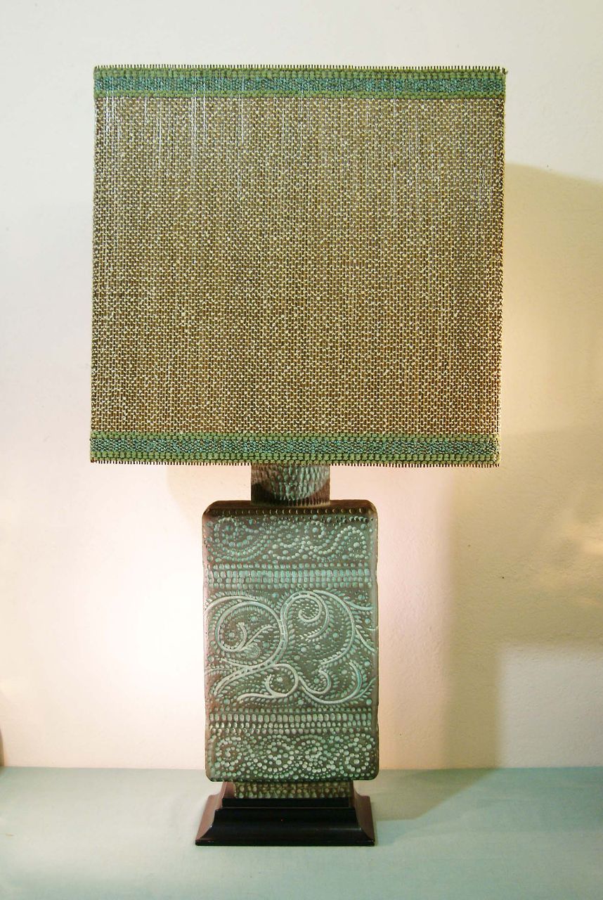 Sascha Brastoff Lamp and Gold Shade with Green Trim Sascha Brastoff Lamp and Gold Shade with Green Trim