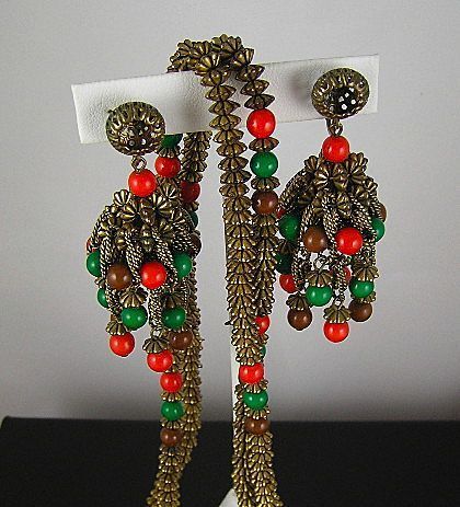 Hattie Carnegie Circa 1960's Red, Green, and Brown Bead in Antiqued Gold Tone Chandelier Earrings and Long Necklace Hattie Carnegie Circa 1960's Red, Green, and Brown Bead in Antiqued Gold Tone Chandelier Earrings and Long Necklace