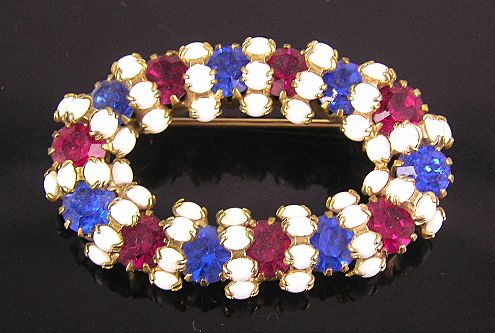 Red, White & Blue Rhinestone & Milk Glass Brooch Red, White & Blue Rhinestone & Milk Glass Brooch