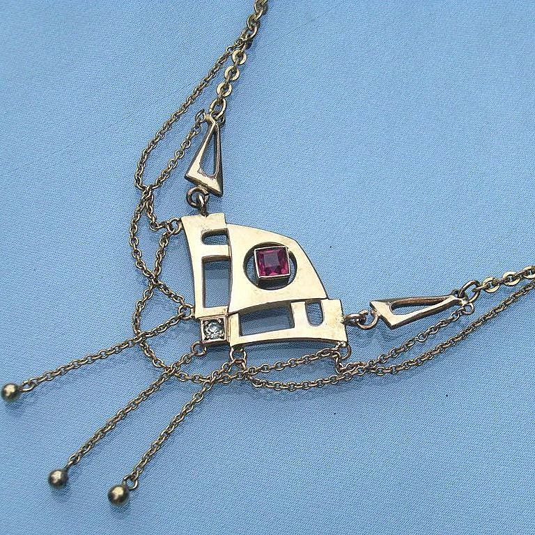 Gorgeous Art Nouveau Ruby & Clear Paste Pendant Necklace Gorgeous Art Nouveau Ruby & Clear Paste Pendant Necklace
