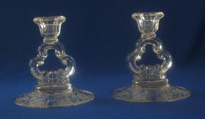 Etched Cambridge Glass "Wildflower" Candlesticks Etched Cambridge Glass "Wildflower" Candlesticks