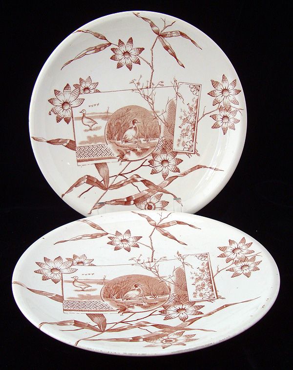 English Brown Transferware Plates ~ DUCKS & NATURE 1870 English Brown Transferware Plates ~ DUCKS & NATURE 1870