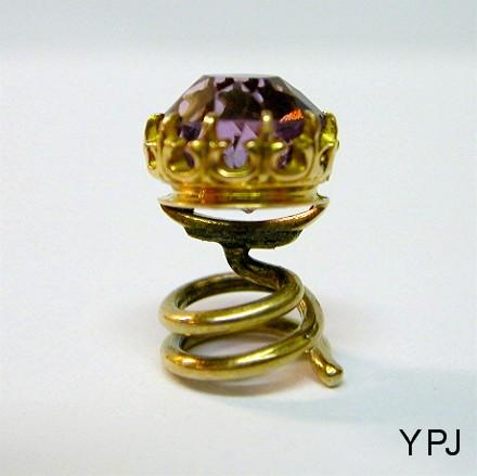 10K European Cut Amethyst Lapel Pin With Fleur de lis prongs 10K European Cut Amethyst Lapel Pin With Fleur de lis prongs