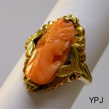 10K Pink and Green Gold Antique Coral Cameo Ring of Demeter 10K Pink and Green Gold Antique Coral Cameo Ring of Demeter