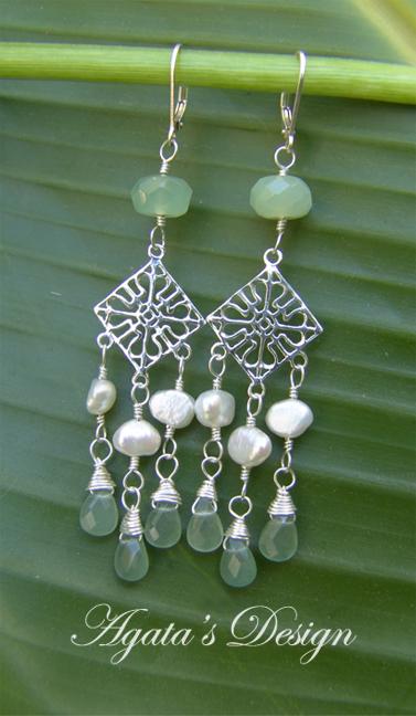 White Freshwater Pearls Aventurine New Jade Sterling Silver Dangle Earrings White Freshwater Pearls Aventurine New Jade Sterling Silver Dangle Earrings