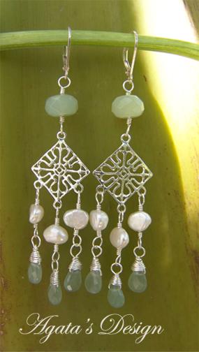 White Freshwater Pearls Aventurine New Jade Sterling Silver Dangle Earrings White Freshwater Pearls Aventurine New Jade Sterling Silver Dangle Earrings