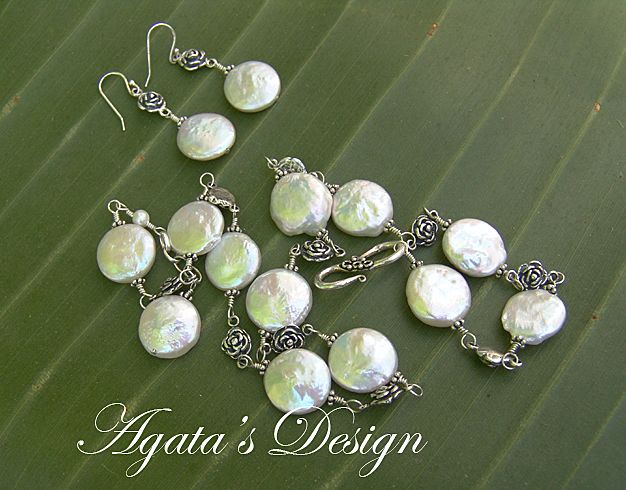 White Coin Freshwater Pearls ~ Sterling Silver ~ Earrings & Necklace White Coin Freshwater Pearls ~ Sterling Silver ~ Earrings & Necklace