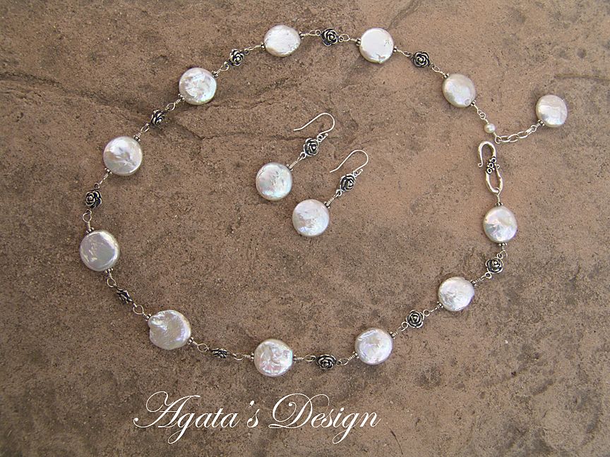 White Coin Freshwater Pearls ~ Sterling Silver ~ Earrings & Necklace White Coin Freshwater Pearls ~ Sterling Silver ~ Earrings & Necklace