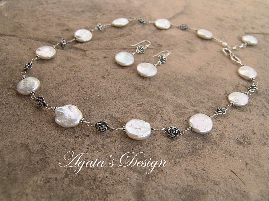 White Coin Freshwater Pearls ~ Sterling Silver ~ Earrings & Necklace White Coin Freshwater Pearls ~ Sterling Silver ~ Earrings & Necklace