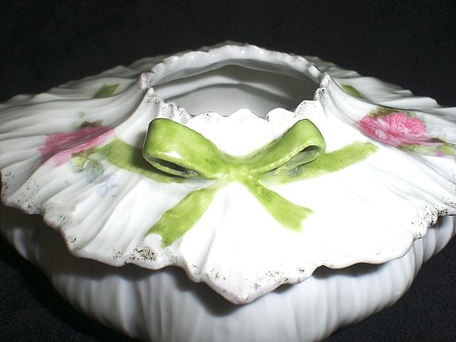 Antique RS Prussia Hair Receiver with lid - Bowtie mold with roses, ribbons Antique RS Prussia Hair Receiver with lid - Bowtie mold with roses, ribbons