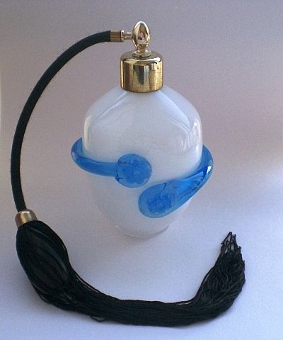 Vintage Glass Perfume Bottle with Atomizer - White, Blue and Gold Design Vintage Glass Perfume Bottle with Atomizer - White, Blue and Gold Design