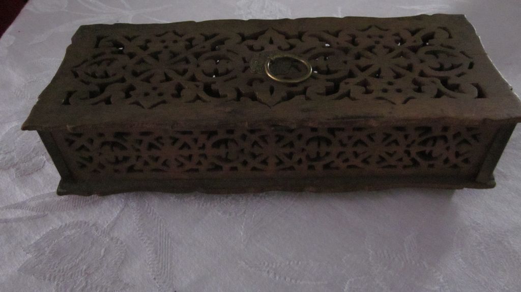 Vintage Hand Cut Fret Work Teak Glove Box Vintage Hand Cut Fret Work Teak Glove Box