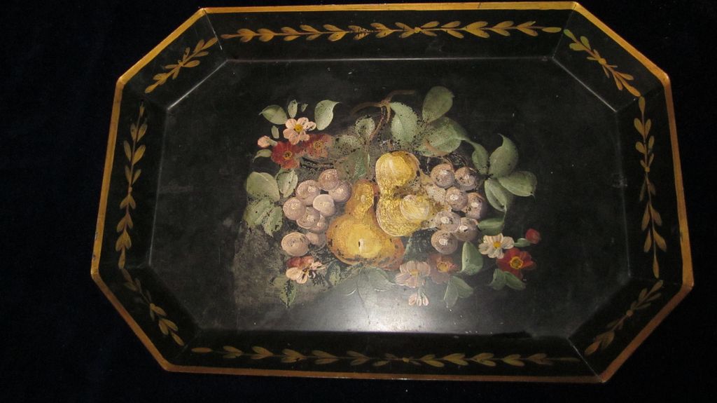 Black Heavy Tole Tray with Flowers, Fruit, and Gold Trim Black Heavy Tole Tray with Flowers, Fruit, and Gold Trim