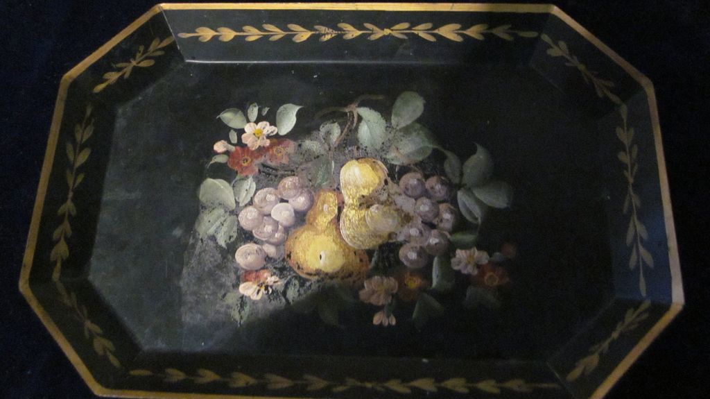 Black Heavy Tole Tray with Flowers, Fruit, and Gold Trim Black Heavy Tole Tray with Flowers, Fruit, and Gold Trim