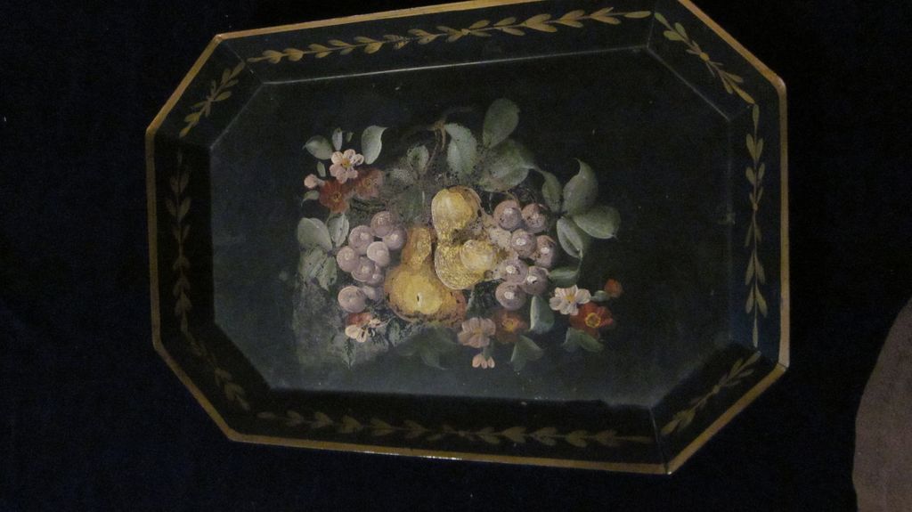 Black Heavy Tole Tray with Flowers, Fruit, and Gold Trim Black Heavy Tole Tray with Flowers, Fruit, and Gold Trim