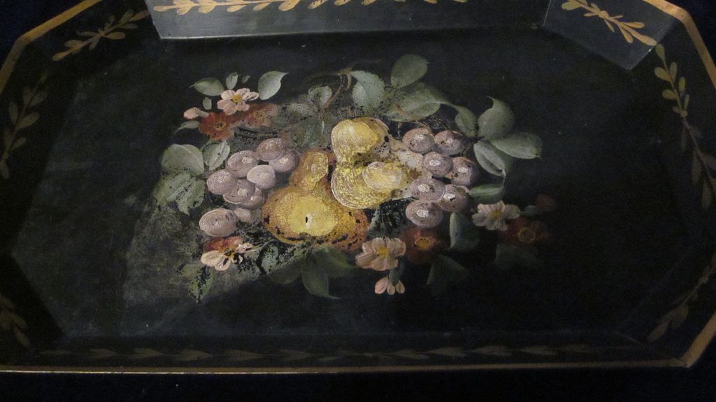 Black Heavy Tole Tray with Flowers, Fruit, and Gold Trim Black Heavy Tole Tray with Flowers, Fruit, and Gold Trim