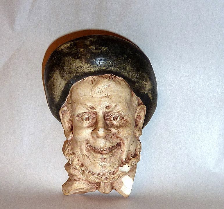 Antique 5" Laughing Man's Head Chalkware Match Holder Antique 5" Laughing Man's Head Chalkware Match Holder