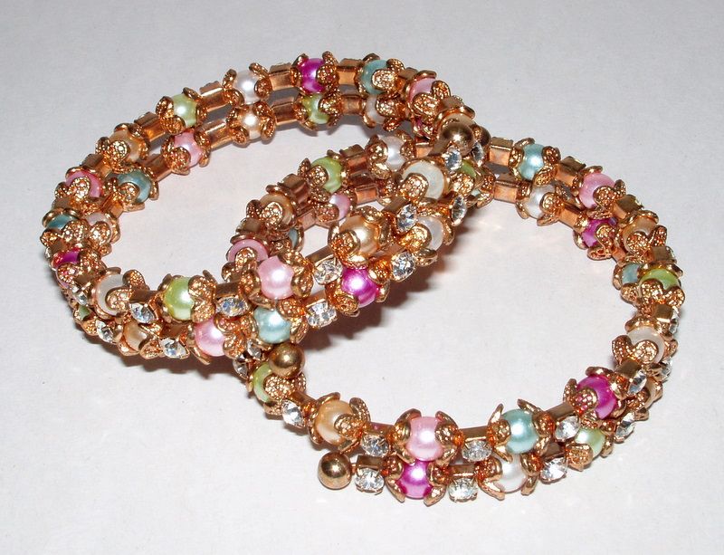 Pair of Rhinestones + Colored Faux Pearls Coil Wrap Around Bangles Pair of Rhinestones + Colored Faux Pearls Coil Wrap Around Bangles