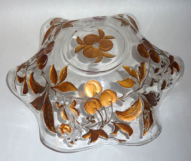 Vintage Dugan Goofus Glass Ruffled 10" Bowl Red Gold Intaglio Cherry Branches Vintage Dugan Goofus Glass Ruffled 10" Bowl Red Gold Intaglio Cherry Branches
