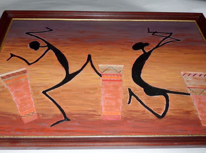 1950's Mid Century Black African Bongo Drummers 26" Framed Oil Painting 1950's Mid Century Black African Bongo Drummers 26" Framed Oil Painting