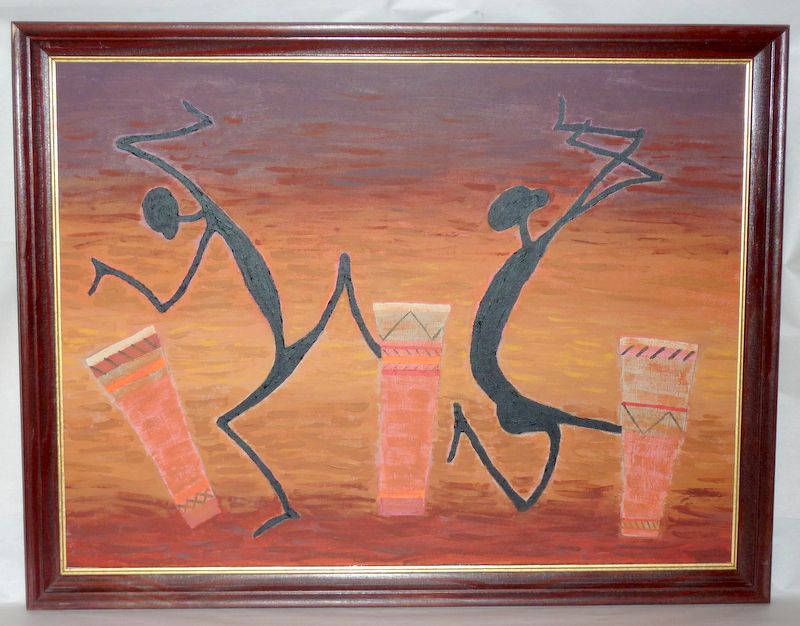 1950's Mid Century Black African Bongo Drummers 26" Framed Oil Painting 1950's Mid Century Black African Bongo Drummers 26" Framed Oil Painting