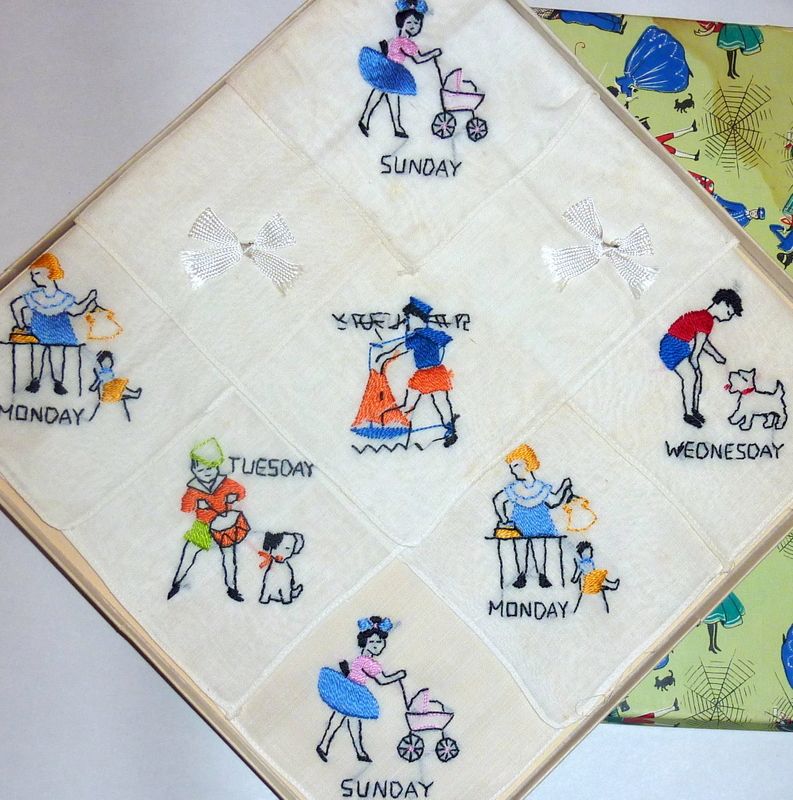 Vintage 1940's Box of Boy & Girl 7 Day Week Hankies Hand Embroidered Vintage 1940's Box of Boy & Girl 7 Day Week Hankies Hand Embroidered