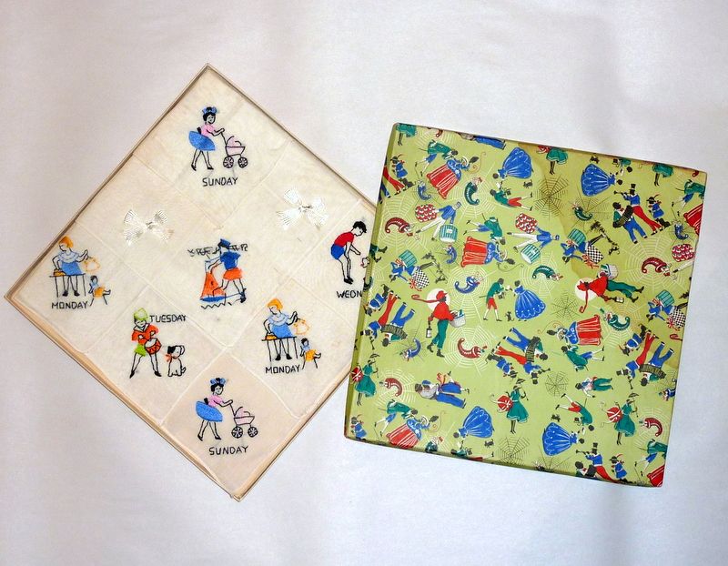 Vintage 1940's Box of Boy & Girl 7 Day Week Hankies Hand Embroidered Vintage 1940's Box of Boy & Girl 7 Day Week Hankies Hand Embroidered