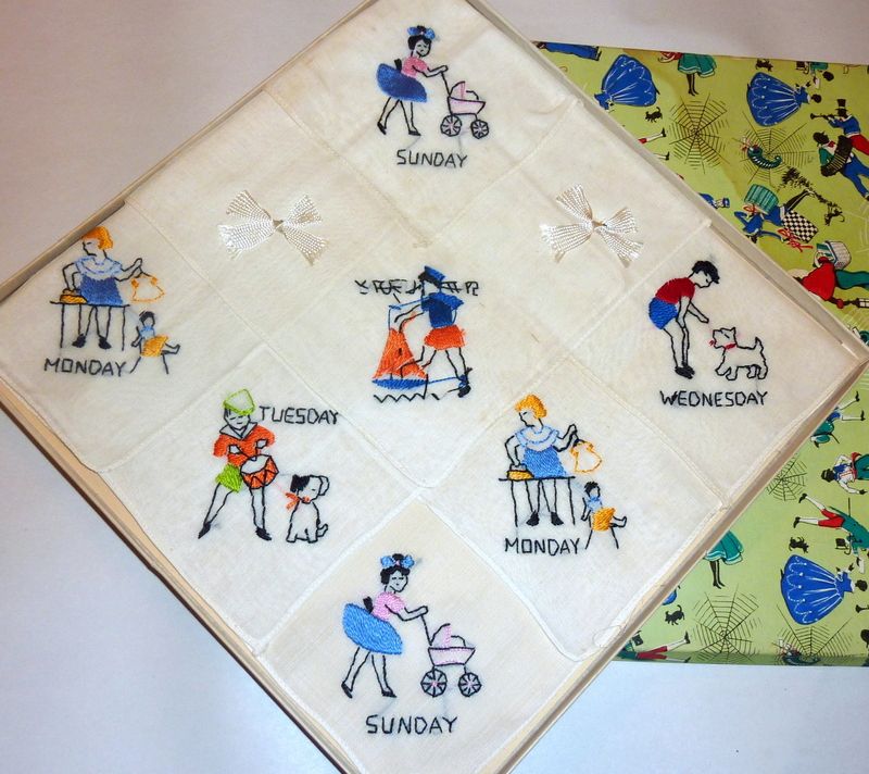 Vintage 1940's Box of Boy & Girl 7 Day Week Hankies Hand Embroidered Vintage 1940's Box of Boy & Girl 7 Day Week Hankies Hand Embroidered