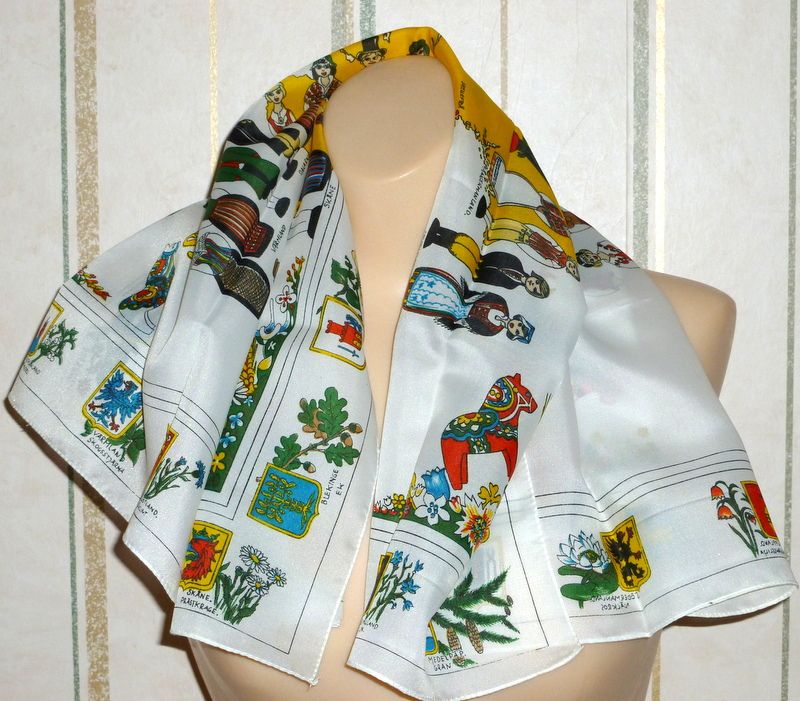 Vintage Alfred Keller 27" Sverige Sweden Scarf Costumes Shields Flowers etc Vintage Alfred Keller 27" Sverige Sweden Scarf Costumes Shields Flowers etc